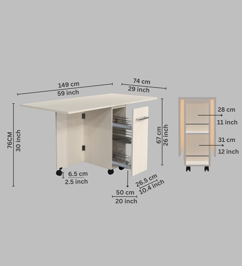 Image of SPECIALITY PANELS Folding Dining Table with Storage, Beige Wood Finish, 149x74x76 cm, Mobile Kitchen Island with Wheels, Carpenter Assembly Provided