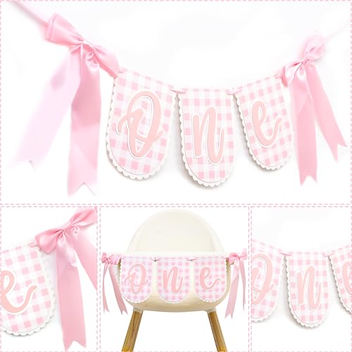 Image of Bow First Birthday High Chair Banner - Pink Bow 1st Party Decoration, Coquette First High Chair Banner, Coquette One Birthday Photo Prop