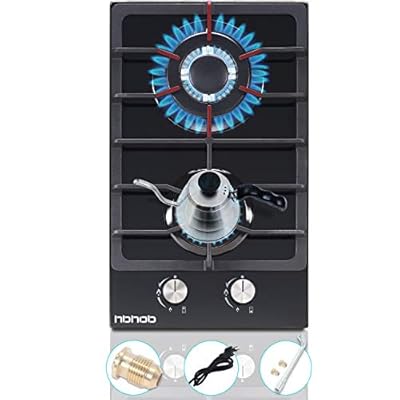 12 Inches Gas Stove High Gas Cooktop Gas Hob Stove Top 2 Burners Gas Range Double Burner Gas Stoves Kitchen Slope Edge Tempered Glass LPG/NG Dual Fuel Electric Stove Top Thermocouple Protection