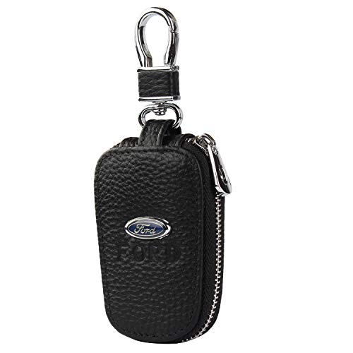 car Key Chain Keychain,Genuine Leather Car Smart Key caseKey Chain Keychain Holder Metal Hook and Keyring Zipper Bag for Remote Key Fob (Ford)
