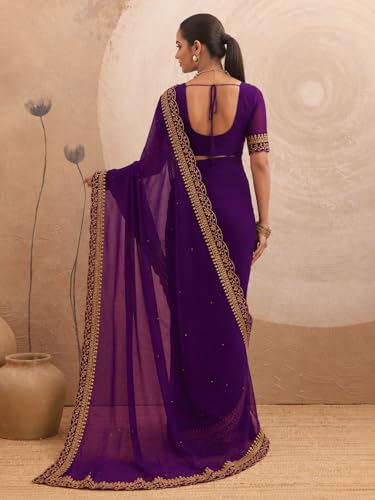 Image of Women's Georgette Embroidery Border Beads work Saree with Blouse Piece