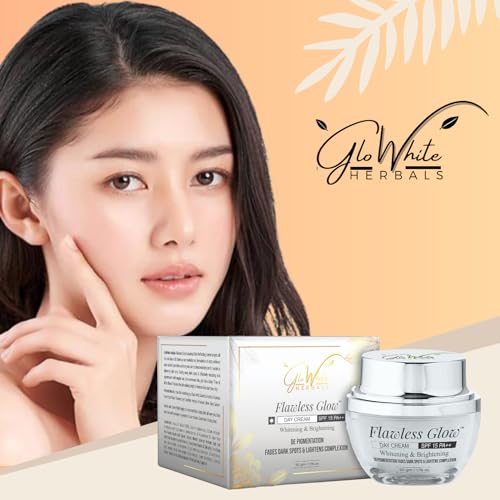 GloWhite Herbals Flawless Glow Brightening Day Cream SPF 15PA+++ - Diminishes Dark Spots, Enhances Texture, Hydrates for Youthful Radiance - Enriched with Glycolic Acid, Niacinamide, Vitamin C, Glutathione - Unisex - All Skin Types - 50g