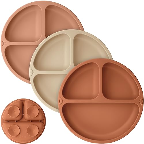 KeaBabies Suction Plates for Baby, Toddler - 3-Pack 100% Silicone Toddler Plates, Divided Baby Plates with Suction, Silicone Plates for Baby, Kids, BPA-Free, Microwave, Dishwasher Safe (Terracotta)