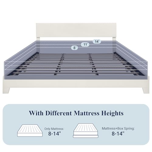 Allewie King Size Bed Frame with Adjustable Headboard, Faux Leather Platform Bed with Wood Slats, Heavy Duty Mattress Foundation, No Box Spring Needed, Noise-Free, Easy Assembly, White
