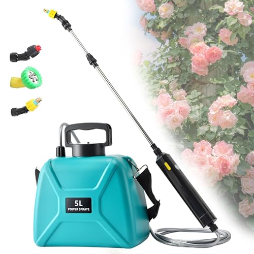 Battery Powered Sprayer 1.35 Gallon/5L, Electric Sprayer, USB Rechargeable Handle and Retractable Wand, Garden Sprayer with 3 Mist Nozzles and Adjustable Shoulder Strap for Garden,Lawn,Cleaning-Green