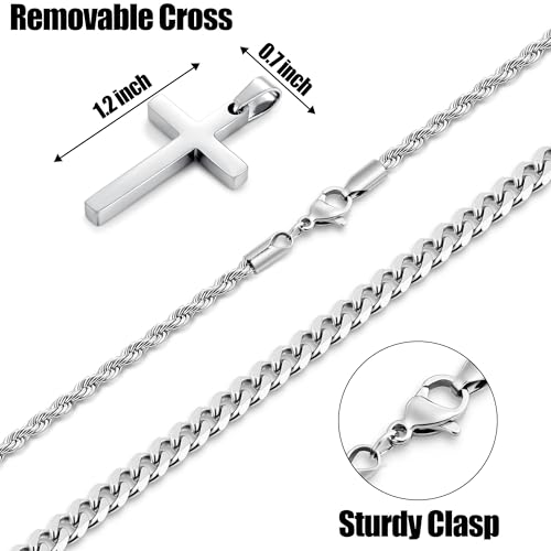 Fiusem 2 Pcs Cross Necklace Chain for Men and Women, Layered Mens Cross Necklaces Stainless Steel Pendant Cuban Link Rope Chain 16-26 Inch, Jewelry Gift4