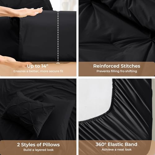 Image of Sasttie King Size Comforter Set, 7-Piece Bed in a Bag, Pintuck Bedding Set for All Season, Includes Comforter, Flat Sheet, Fitted Sheet, Pillowcases and Pillowshams, Black