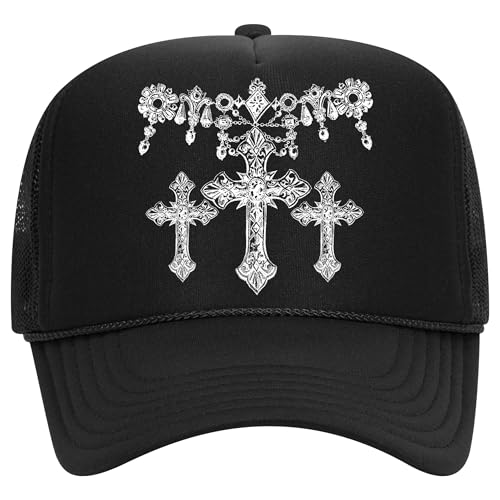 Crosses Trucker Hat | Vintage Chrome Cross Streetwear Designer Fashion | Premium Mesh Foam Snapback Hat for Men & Women (US, Alpha, One Size, Black)