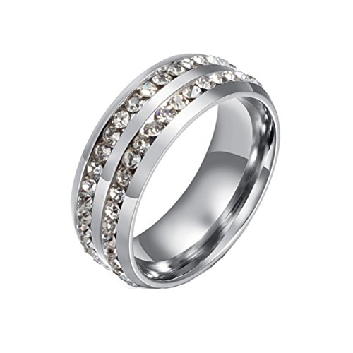 HIJONES Bijoux Femmes Acier Inoxydable Double rangée Strass Bague Taille 60 (Argent)