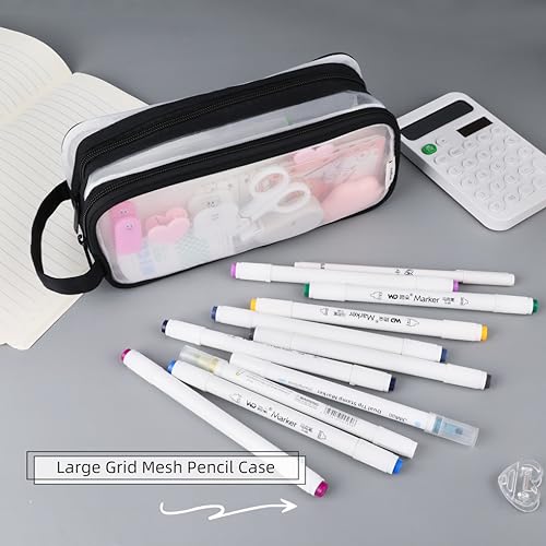 Image of Oyachic 2 Compartment Pencil Case Clear Mesh Pen Pouch Grid Makeup Cosmetics Bag Transparent Marker Organizer Office Business Travel Adults,black