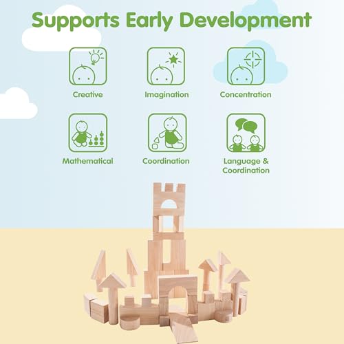 Image of PlanToys Wooden 50 Piece Unit Block (35 mm) Building Set (5502) | Sustainably Made from Rubberwood and Non-Toxic Paints and Dyes | PlanNatural Classic Wooden Toy Collection
