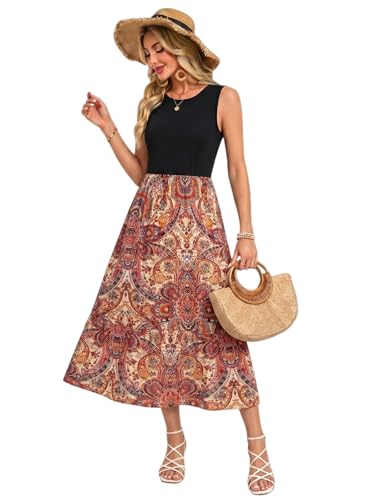 YUTILA Damen Sommerkleid Ärmellos Maxi Kleid Rundhals Zweiteilig Look Luftig Freizeitkleid mit Blumenmuster Elegant & Casual