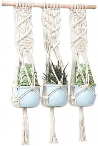 Miniatura 5 de Colgador de macramé para plantas con clavija de madera, cesta de tres niveles para colgar en la pared para interiores y exteriores, soporte para
