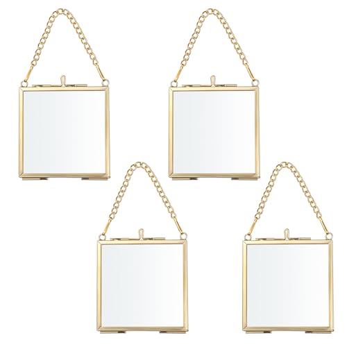 SUMTree 4 Pcs Mini-Quadrat Bilderrahmen aus Metall Glas Hängende Glas Fotorahmen Geometrische Ornament Pflanze Probe Clip Für gepresste Blumen Fotos 2.7 * 2.7/7 * 7cm(Golden)