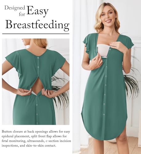 Ekouaer Labor and Delivery Gown 3 in 1 Nursing/Hospital/Breastfeeding/Maternity Flying Short Sleeve Nightgown with Button Celadon Green XL — view 3