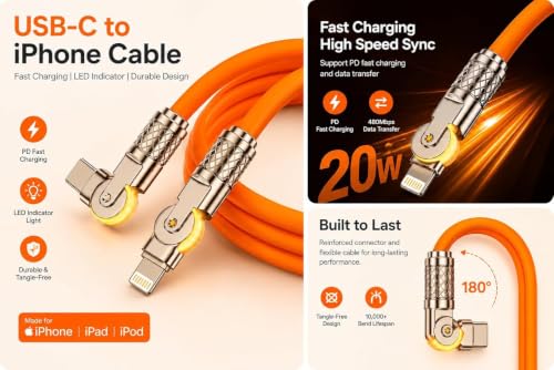 Image of Treziya USB C to Lightning Cable, 180 Rotating Connector Fast Charging Cable for iPhone, iPad & Lightning Devices, Durable Flexible Charging & Sync Cable, Orange