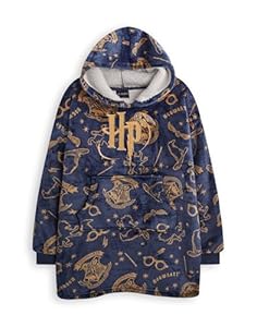 Harry Potter Girls Couverture portable à capuche | Pull à capuche en polaire Sherpa pour enfants en bleu marine avec logo HP Poudlard imprimé sur toute la surface | Vêtements de détente doublés