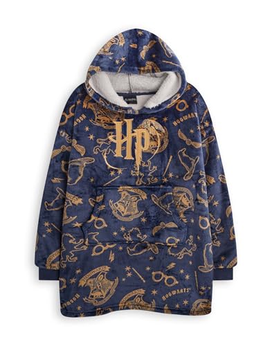 Harry Potter Girls Wearable Blanket Hoodie | Childrens Hooded Sherpa Fleece Pullover in Navy with HP Hogwarts Logo All Over Print | Kids Sherpa Lined Loungewear with Pockets | Wizard Movie Merchandise