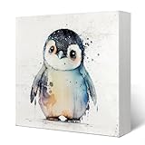 Yetmadi Baby Penguin Abstract Watercolor Wooden Sign Decor - Animal Pictures Tray Decor Penguin Nursery Art Gift for Shelf Kids Bathroom Office, 5x5