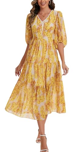 Kormei Women's V Neck 3/4 Sleeve Boho Long Flowy Dress Wedding Guest Engagement Party Casual Chiffon Dresses