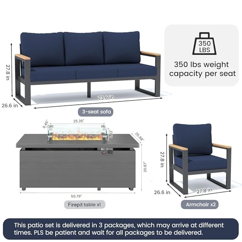 Image of Sundale Outdoor Aluminum Patio Furniture Set, 4 Piece Outdoor Conversation Sets with Fire Pit and 6 inch Thick Olefin Cushions, All Weather Outdoor Sectional Set for Deck, Lawn, Yard (Navy Blue)