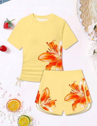 Image of AGAPENG Girls Swimsuit Two Piece Short Sleeve Rash Guard Floral Print Ruched Girls Bathing Suit UPF 50+ Swimwear for 9-16Y