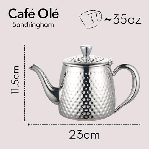 Café Olé SDT-035 Sandringham Teapot, 35oz (1 Litre) Reflective Polished 18/10 Stainless Steel with Hammered Texture - Image 2
