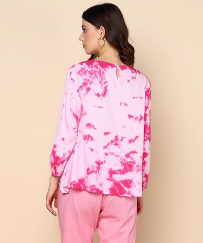 Image of Maaesa Pink Split Tie Dyed Rayon Staple Top