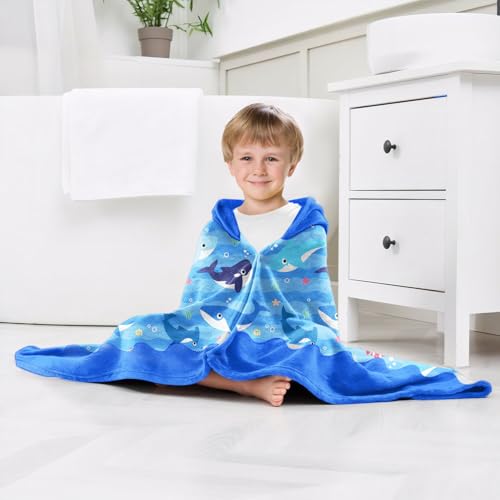 Image of Shark Boys Beach Towel with Hoodie for Kids Toddlers Age 4-8,Shark Blue Bath Towels Shower Wrap for Boys, Hooded Poncho Beach Blanket for Pool Swimming Cute Wearable Bath Towel for Child