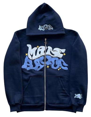 ZENMANCHEN Y2k Sweat à capuche graphique esthétique hip-hop zippé Y2k veste grunge vintage streetwear tendance, 1-bleu, Small