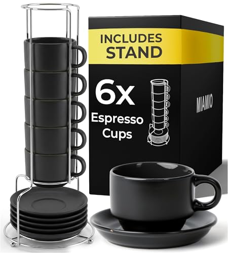 MIAMIO - 6 x 75 ml Espresso Tazzina da caffè - Sei Tazzine Impilabili - Set di Tazze da Caffè, Ceramica - Le Papillon Collezione (Nero)