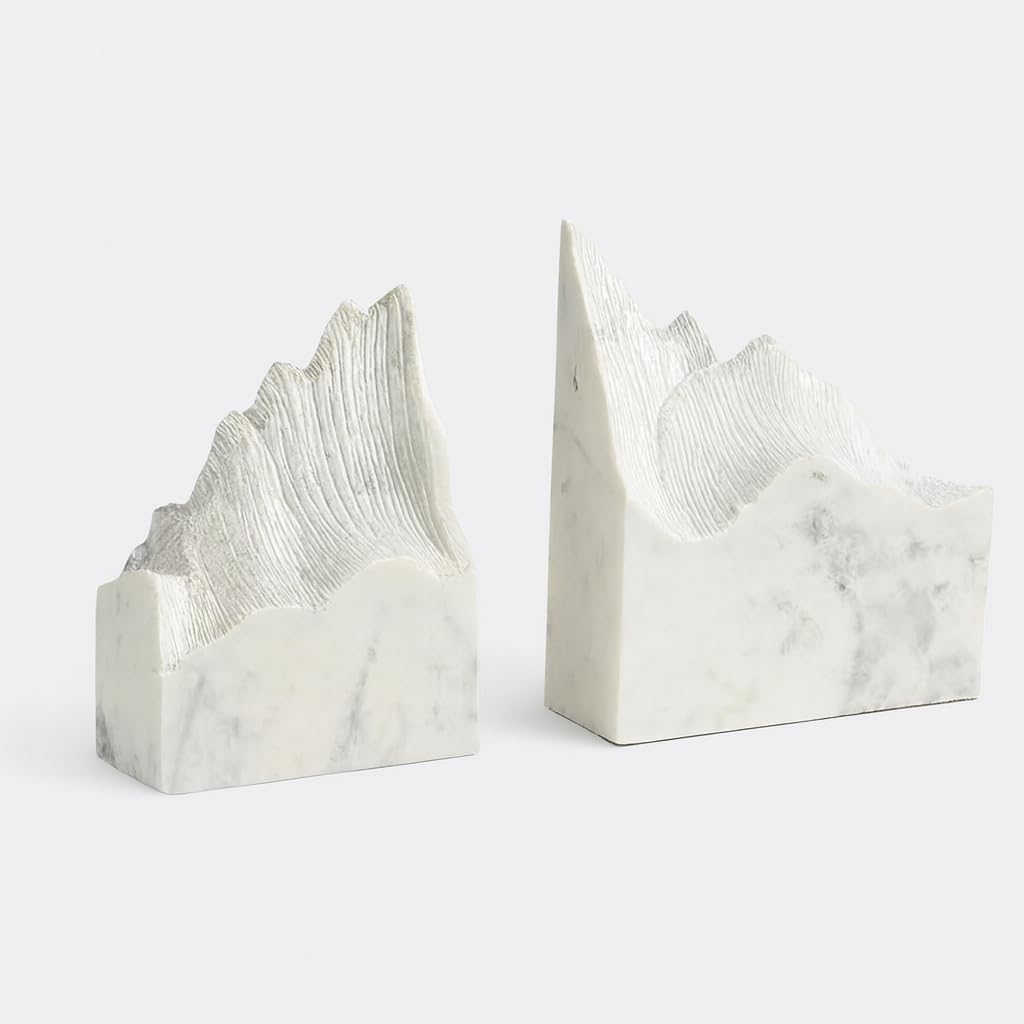 RM White Mountain Bookends Set of 2 | Heavy Marble Book Holders for Shelf 4