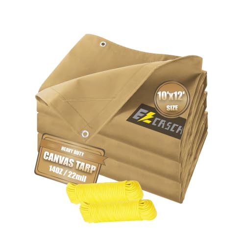 Ezcasch 10’x12’ Canvas Tarps Heavy Duty Waterproof Tarpaulins with Aluminum Grommets,UV Resistant, 22Mil Multipurpose Drop Cloth, 14oz Cover Sheet for Outdoor and Indoor Use with Ropes Yellow