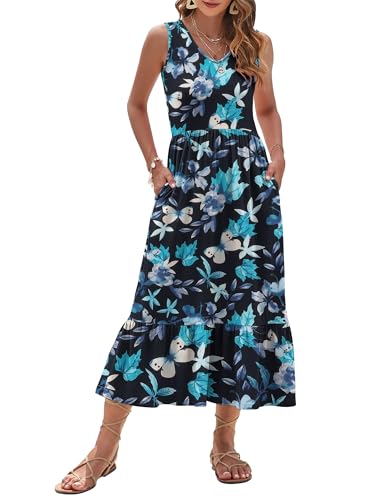 Image of AUSELILY Womens Summer Maxi Dress Casual Sleeveless V Neck Floral Dresses | A line shape with practical side pockets, Vacation dress for resort walks, Pair with low heels and simple jewelry