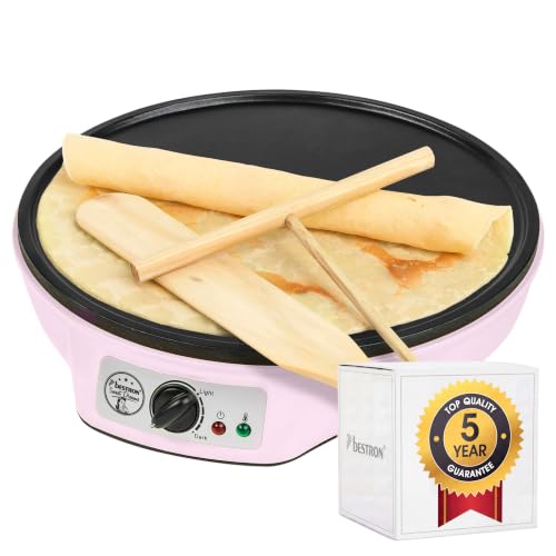 Bestron Crepera de diseño retro, Crepera electrica para crepes de Ø 30 cm, incl. esparcidor de masa y volteador de crepes, con revestimiento antiadherente, 1000 vatios, color: rosa