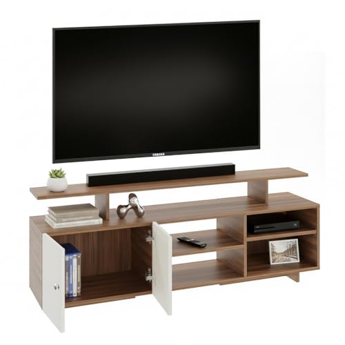 Image of FURNEASER Eskido Engineered Wood TV Entertainment Unit, Floor Standing TV Cabinet with Storage Shelves for Living Room, TV Stand for 32,43,50 & 55 Inch TV (Exotic Teak & White) (Exotic Teak & White)