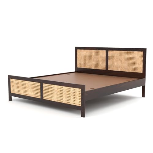 Image of Sheesham Wood Cane Bed Without Storage for Bedroom | King Size Wooden Double Bed Palang with Rattan Headboard & Footboard (Walnut Finish)