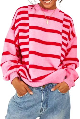 Women's Pink Stripe Bubble Sleeve Drop Shoulder Sweater - Trendy Casual Winter Wear