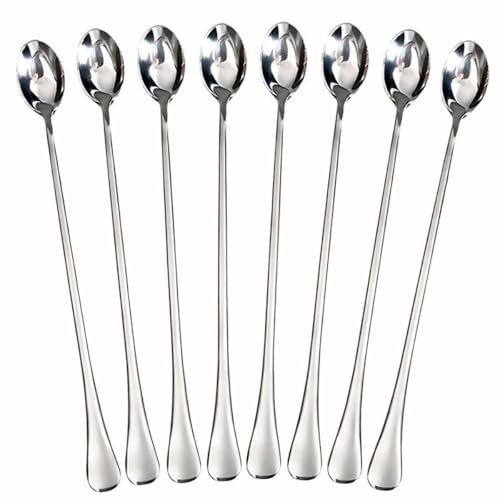 Image of Long Handle Spoon, Long Mixing Stirring Spoon for Iced Tea, Coffee Suitable for Tall Glasses, Cocktail Bar Stainless Steel Long Handle Spoon, Soda Spoon, Milkshake Spoon (8 pcs Long)