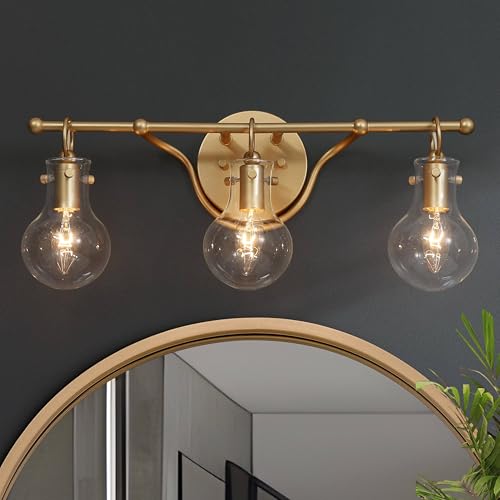 Image of KSANA Gold Bathroom Light Fixtures, 20'' Modern Vanity Lights with Clear Teardrop Glass Shade, 3-Light Bathroom Lighting Over Mirror