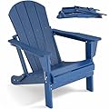 ONBRILL Folding Adirondack Chair, HDPE All Weather Fire Pit Chairs, Wooden Textured Plastic Adirondack Chairs, Easy Assembly, Heavy Durable Outdoor Chair for Lawn Garden Porch, Navy Blue