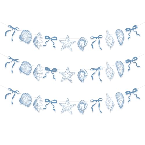 Guirlande de 3 étoiles de mer et coquillages bleus, décorations pour enterrement de vie de jeune fille sur le thème de la plage, décorations de fête sur...