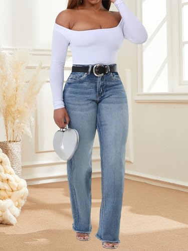 HugeNice Women's Wide Leg Jeans Casual Mid Rise Stretchy Straight Leg Denim Pants4