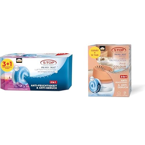 Bundle: Pattex AERO 360° Nachfüll‑Tabs Lavendel (3+1 x 450 g) + AERO 360° Kompakt Luftentfeuchter Peach Edition inkl. 1 Tab – reduziert Feuchtigkeit & Gerüche