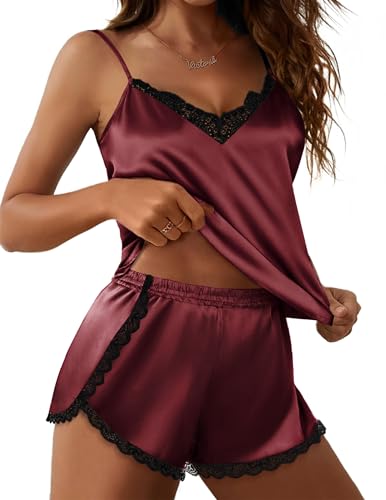 Image of Ekouaer Satin Pajama Set for Women 2 Piece Silky Lingerie Sleepwear Lace Camisole Pj Shorts Set Soft Nightwear S-XXL