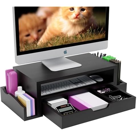 Simple Trending Monitor Stand Riser and Computer Wood Desk Organizer with Drawer and Pen Holder for Laptop, Computer, iMac, Black Cover