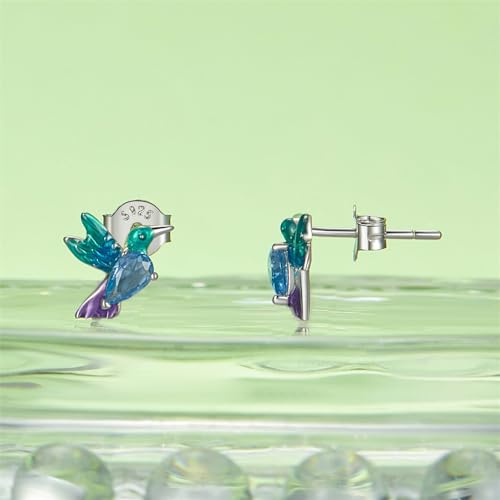 Cute Hummingbird Animal Stud Earrings for Women Girls 925 Sterling Silver Hypoallergenic Blue Crystal Green Enamel Tiny Bird Studs Cartilage Tragus Post Nickel Free Piercing Ear Dainty Birthday Holiday Jewelry Gifts4