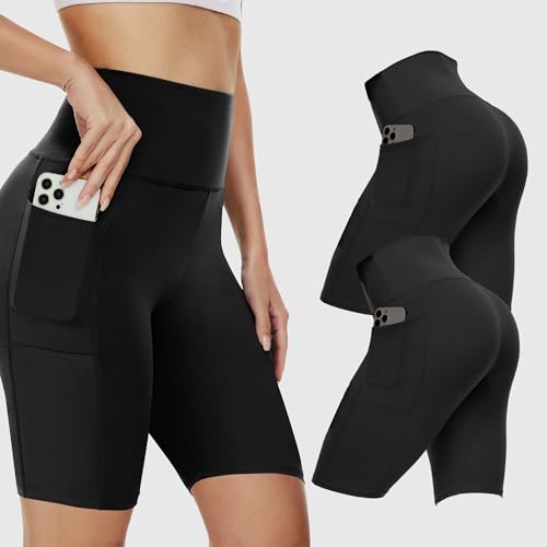 2-Pack Women's High-Waist 8-Inch Biker Shorts with Pockets - Tummy Control Yoga Shorts for Workout, Running, Lounge Large-X-Large (Black+black)