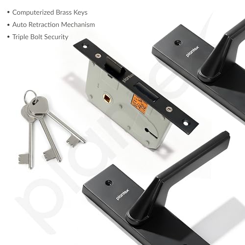 Image of Plantex Heavy-Duty Door Lock Set - Main Door Lock Handle Set / 6-Lever Lock Mechanism with 3 Years of Warranty /Mortise Lock with 3 Keys, Brass Lockbody (Z-Black)