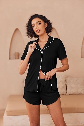 Image of Ekouaer Pajamas for Women Set Button Up Sleepwear 2 Piece Pjs Lounge Set Short Sleeve Nightwear